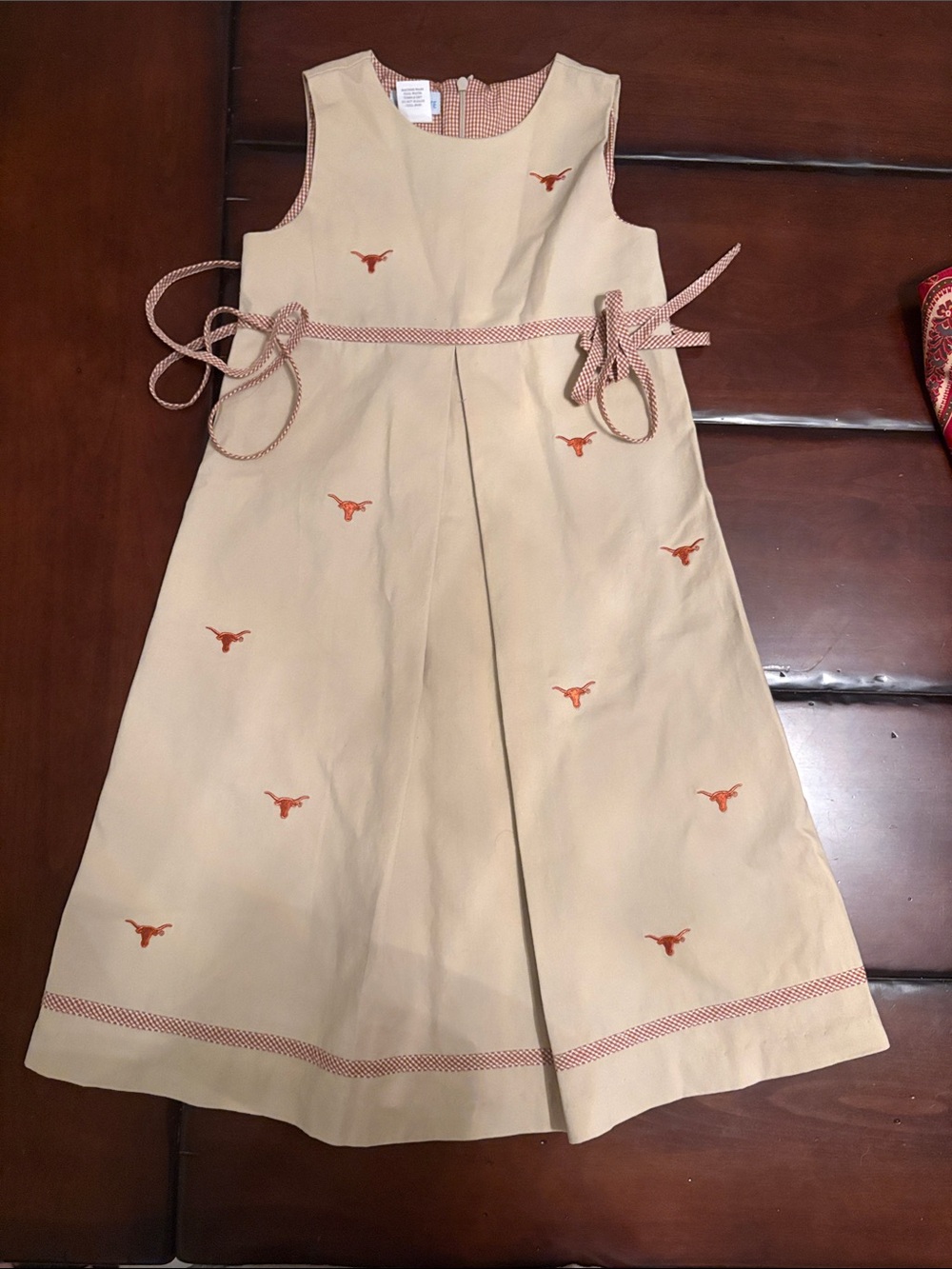 Girls Beige Dress with Texas Longhorn Embroidery and Tie Belt